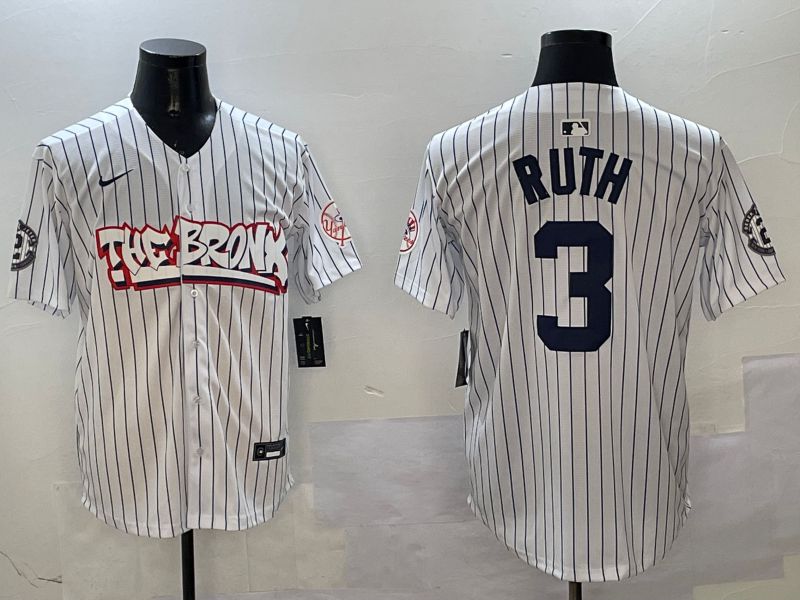 Men New York Yankees 3 Ruth White Stripe four generations Joint Name 2025 Nike MLB Jersey style 1
